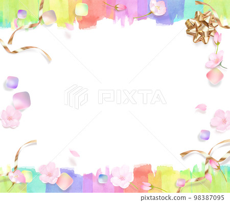 Cherry blossoms, buds and petals-rainbow gems-gold ribbon rainbow white background background material Cherry blossoms, buds and petals-rainbow gems-gold ribbon rainbow white background background material 98387095