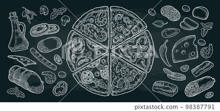 Set slice pizza Pepperoni, Hawaiian, Margherita, Mexican, Seafood, Capricciosa with ingredients. Vintage vector engraving Set slice pizza Pepperoni, Hawaiian, Margherita, Mexican, Seafood, Capricciosa with ingredients. Vintage vector engraving 98387791