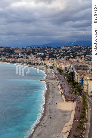 Sandy Beach by Historic City of Nice, France. Castle Hill Sandy Beach by Historic City of Nice, France. Castle Hill 98387857