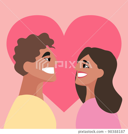 Happy Valentines Day love card. Smiling girl and guy in flat style. Pink background with heart shape. Lovers. Love theme. Man and woman. Eyes to eyes. Happy 98388187