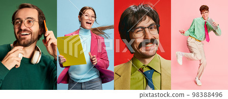 Photo set made of portraits of happy young diverse people, men and women over multicolored backgrounds. Banner. Concept of active lifestyle and happiness Photo set made of portraits of happy young diverse people, men and women over multicolored backgrounds. Banner. Concept of active lifestyle and happiness 98388496