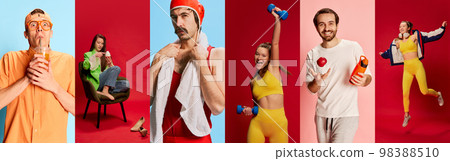 Sport and fitness. Collage made of portraits of happy young diverse people go in for sports over multicolored backgrounds. Banner. Concept of active lifestyle and happiness 98388510