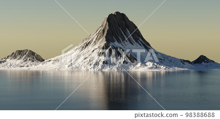 Snow mountains on a blue sea - 3d render. 98388688