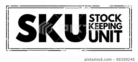 SKU Stock Keeping Unit - scannable bar code, seen printed on product labels in a retail store, acronym text concept stamp 98389248