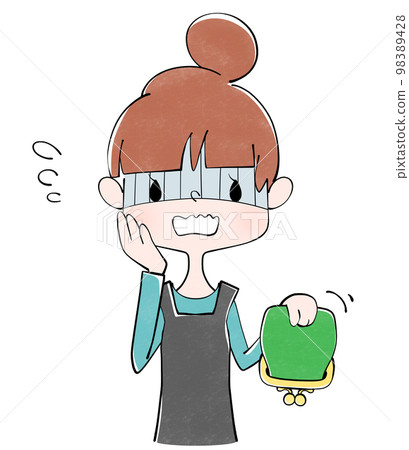 Illustration of a housewife with an empty green purse 98389428