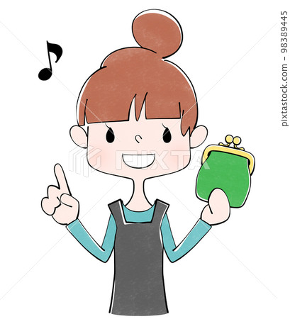 Green clasp wallet Illustration of a housewife saving money Green clasp wallet Illustration of a housewife saving money 98389445