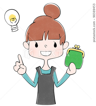 Illustration of a housewife holding a green purse 98389453