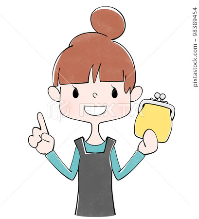 Illustration of a housewife holding a yellow purse 98389454