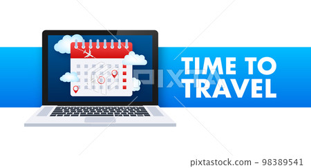 Reminder in calendar on laptop screen. Plane travel around. Vector stock illustration. Reminder in calendar on laptop screen. Plane travel around. Vector stock illustration. 98389541