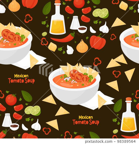 Seamless pattern with Mexican Tomato Soup on black background with products and vegetables. Vector illustration. Endless background with latin american food. Seamless pattern with Mexican Tomato Soup on black background with products and vegetables. Vector illustration. Endless background with latin american food. 98389564