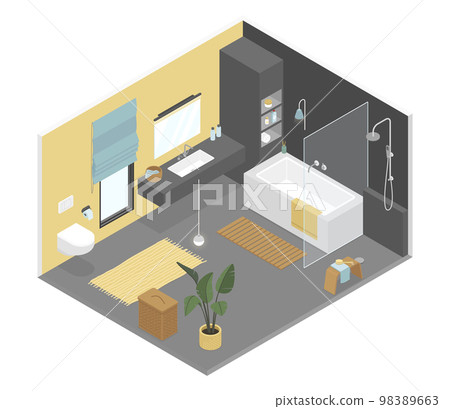 Stylish black bathroom - modern vector colorful isometric illustration 98389663