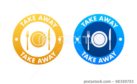 Take away sign, label. Take out food icon. Vector stock illustration 98389783