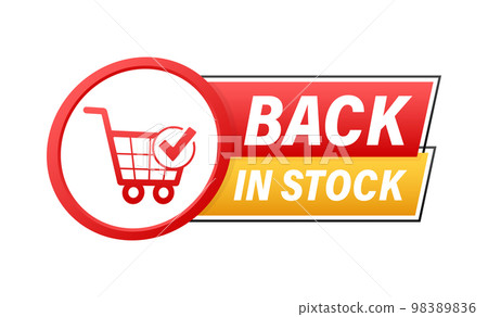 Back in stock label. Online shopping promotion. Shopping cart. Vector stock illustration. 98389836