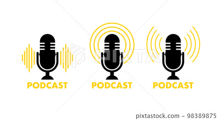 Podcast radio icon, label. Studio microphone, broadcast. Creative podcast. Vector stock illustration. Podcast radio icon, label. Studio microphone, broadcast. Creative podcast. Vector stock illustration. 98389875