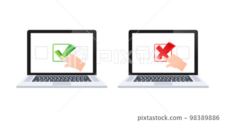 Cross and check marks on laptop screen. Wrong and right. Vector stock illustration. Cross and check marks on laptop screen. Wrong and right. Vector stock illustration. 98389886