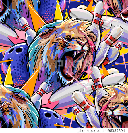 Growling lion among the pins knocked down by a bowling ball Growling lion among the pins knocked down by a bowling ball 98389894
