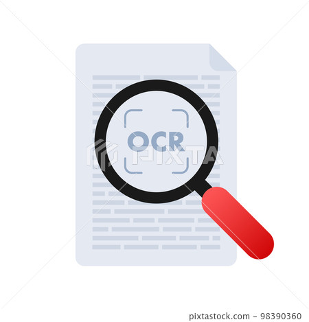 OCR - Optical character recognition. Document scan. Process of recognizing document. Vector stock illustration. 98390360