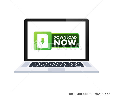 Laptop and download now file icon. Document downloading concept. Trendy flat design graphic with long shadow. Vector illustration. 98390362