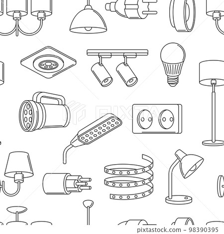 Seamless pattern with electric lightings and lamps. Electrical equipment. Industrial or business design. Seamless pattern with electric lightings and lamps. Electrical equipment. Industrial or business design. 98390395
