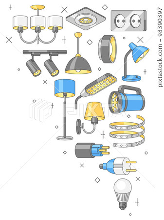 Background with electric lightings and lamps. Electrical equipment. Industrial or business design. 98390397