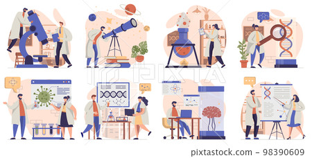 Science research collection of scenes isolated. People conduct tests, study molecules, create drugs, set in flat design. Vector illustration for blogging, website, mobile app, promotional materials. 98390609