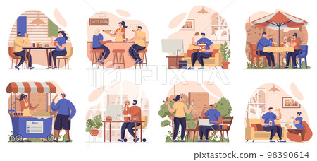 People eating fast food collection of scenes isolated. Customers at street cafes and restaurants, set in flat design. Vector illustration for blogging, website, mobile app, promotional materials. People eating fast food collection of scenes isolated. Customers at street cafes and restaurants, set in flat design. Vector illustration for blogging, website, mobile app, promotional materials. 98390614
