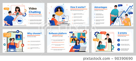 Video chatting concept for presentation slide template. People talking with friends or colleagues by mobile phones or computers, make video calls and conferences. Vector illustration for layout design 98390690