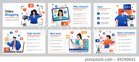 Video blogging concept for presentation slide template. People creating videos on different topics. Bloggers are recording content or streaming live at channels. Vector illustration for layout design Video blogging concept for presentation slide template. People creating videos on different topics. Bloggers are recording content or streaming live at channels. Vector illustration for layout design 98390691