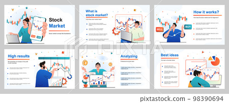 Stock market concept for presentation slide template. People are engaged in trading, analysis financial data graph, buying and selling, investment money. Vector illustration for layout design Stock market concept for presentation slide template. People are engaged in trading, analysis financial data graph, buying and selling, investment money. Vector illustration for layout design 98390694