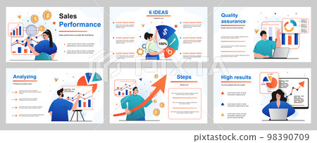 Sales performance concept for presentation slide template. People analyze financial data, business analytics and income growth, work with charts and graphs. Vector illustration for layout design 98390709