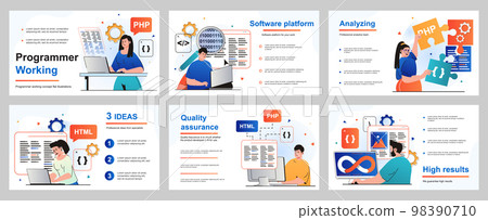 Programmer working concept for presentation slide template. Developers program in different programming languages, create software, coding and optimization. Vector illustration for layout design 98390710