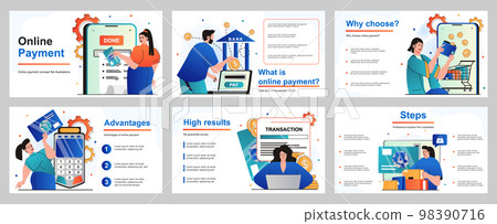 Online payment concept for presentation slide template. People paying for purchases with credit card, conducts financial transaction, using online banking app. Vector illustration for layout design Online payment concept for presentation slide template. People paying for purchases with credit card, conducts financial transaction, using online banking app. Vector illustration for layout design 98390716