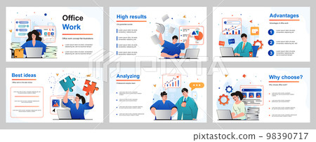 Office work concept for presentation slide template. Employees working at laptops, perform tasks, paperwork, make reports and presentations at business meeting. Vector illustration for layout design 98390717