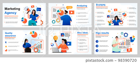 Marketing concept for presentation slide template. Marketers and analysts work at agency, make advertising campaigns, analyze data, increase business income. Vector illustration for layout design 98390720