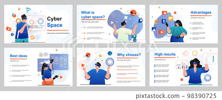Cyberspace concept for presentation slide template. People uses virtual reality glasses, gaming, working and learning at interactive space with VR simulation. Vector illustration for layout design 98390725