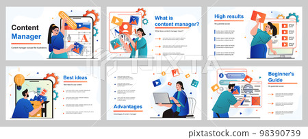 Content manager concept for presentation slide template. People selects colors and generates ideas, creates graphics elements and pictures for filling website. Vector illustration for layout design 98390739