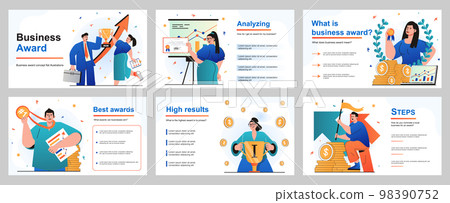 Business award concept for presentation slide template. Businessmen and businesswomen celebrating success, goal achievement, victory competition and win trophies. Vector illustration for layout design Business award concept for presentation slide template. Businessmen and businesswomen celebrating success, goal achievement, victory competition and win trophies. Vector illustration for layout design 98390752