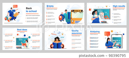 Back to school concept for presentation slide template. Pupils go to lessons, schoolgirls and schoolboys study. Students learning, receive education at college. Vector illustration for layout design Back to school concept for presentation slide template. Pupils go to lessons, schoolgirls and schoolboys study. Students learning, receive education at college. Vector illustration for layout design 98390795