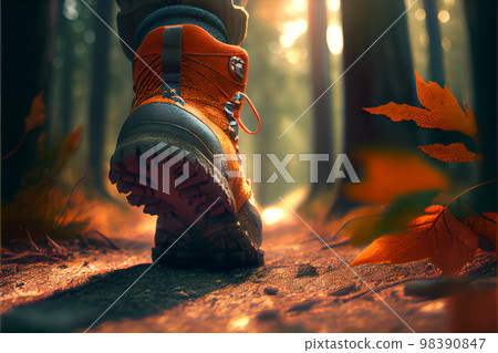 Hiking boots outdoors in fall autumn background. 98390847