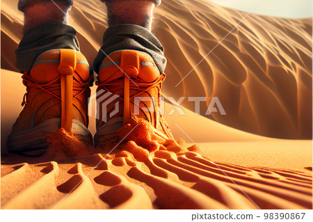 Trekking shoes in desert sand. Military sport trekking footwear. 98390867