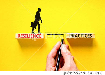 Resilience practices symbol. Concept word Resilience practices typed wooden blocks. Beautiful yellow table yellow background. Businessman hand. Business and resilience practices concept. Copy space. 98390935
