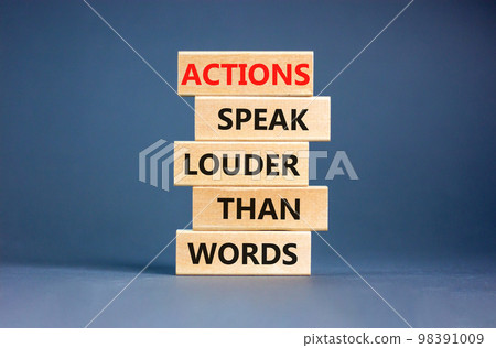 Actions speak louder words symbol. Concept words Actions speak louder than words on wooden blocks. Beautiful grey table grey background. Business new mindset for results concept. Copy space. 98391009