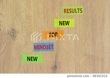 New mindset and results symbol. Concept words New mindset for new results on colored paper. Beautiful wooden table wooden background. Business new mindset for results concept. Copy space. 98391014