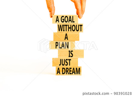 Goal and plan symbol. Concept words A goal without a plan is just a dream on wooden blocks. Beautiful white background copy space. Businessman hand. Business plan motivational goal or dream concept. 98391028