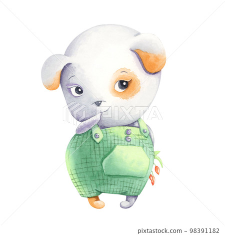 Cute, little dog with a bouquet of flowers. Cute watercolor illustration. Cute, little dog with a bouquet of flowers. Cute watercolor illustration. 98391182