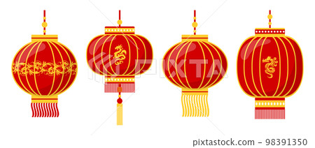 Set of colorful Chinese lanterns with patterns and dragons. Decor elements for Lantern Festival. icons, vector Set of colorful Chinese lanterns with patterns and dragons. Decor elements for Lantern Festival. icons, vector 98391350