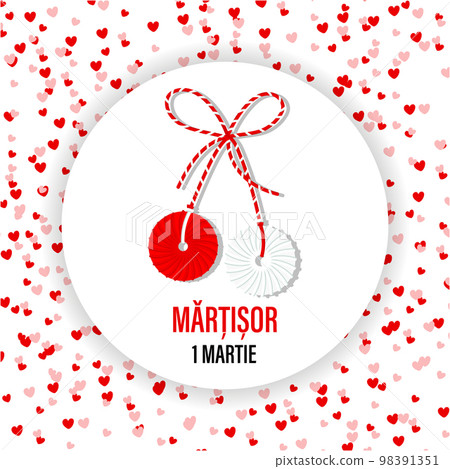 Martisor, red and white symbol of spring on the background of hearts. Traditional spring holiday in Romania and Moldova. Holiday card, banner, vector. Martisor, red and white symbol of spring on the background of hearts. Traditional spring holiday in Romania and Moldova. Holiday card, banner, vector. 98391351