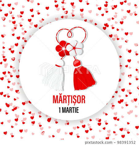 Martisor, red and white symbol of spring on the background of hearts. Traditional spring holiday in Romania and Moldova. Holiday card, banner, vector. Martisor, red and white symbol of spring on the background of hearts. Traditional spring holiday in Romania and Moldova. Holiday card, banner, vector. 98391352