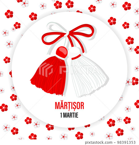 Martisor, a red and white symbol of spring on the background of flowers. Traditional spring holiday in Romania and Moldova. Holiday card, banner, vector. 98391353