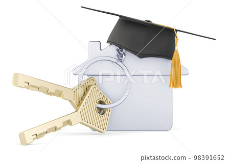 Home key with keychain with education hat. 3D rendering Home key with keychain with education hat. 3D rendering 98391652